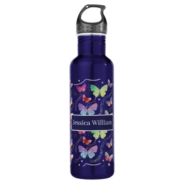 Personal Name Elegant Purple Bright Butterflies  710 Ml Water Bottle (Front)