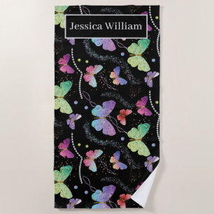 Personal Name Elegant Purple Bright Butterflies  Beach Towel