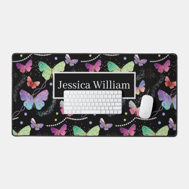 Personal Name Elegant Purple Bright Butterflies    Desk Mat (Keyboard & Mouse)