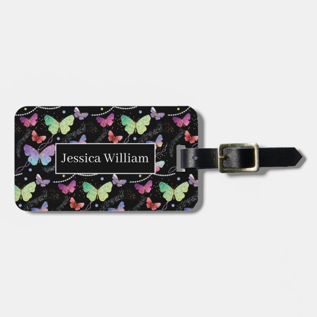 Personal Name Elegant Purple Bright Butterflies   Luggage Tag (Front Horizontal)
