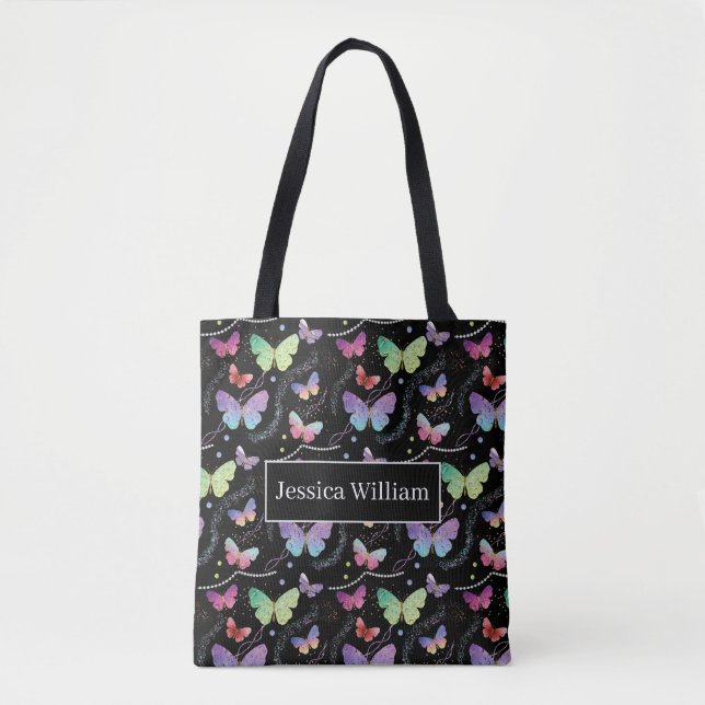 Personal Name Elegant Purple Bright Butterflies  Tote Bag (Front)