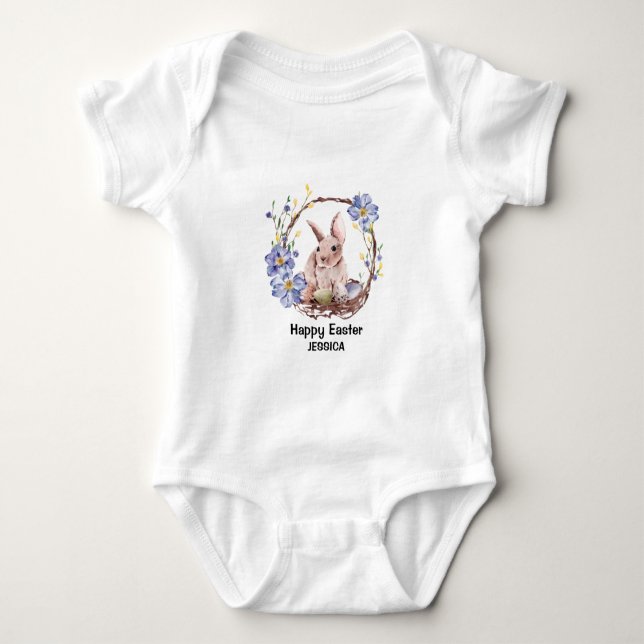 Personal Name Funny Bunny Happy Easter  Baby Bodysuit (Front)