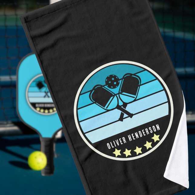 Personal Name Teal Blue Pickleball Paddle Black Hand Towel (Creator Uploaded)
