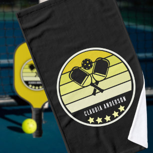 Personal Name Yellow Pickleball Paddle Black Hand Towel