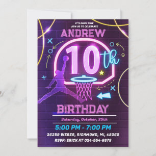 Personal Neon Basketball 10th Birthday Party Invitation