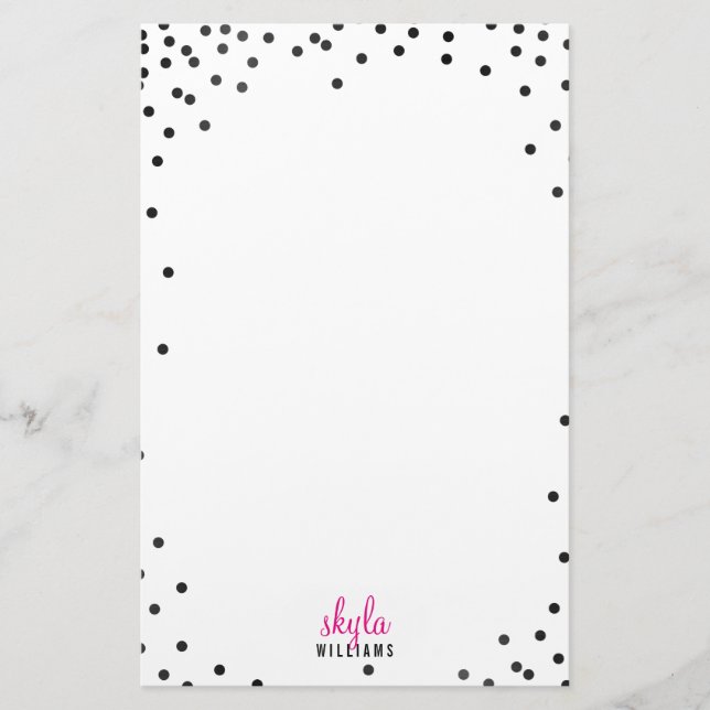 PERSONAL NOTE cute fun polka dot confetti black Stationery (Front)