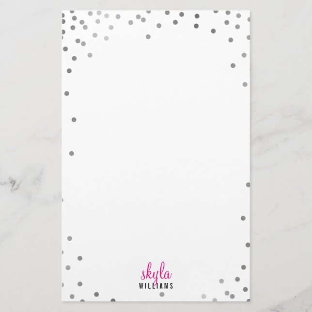 PERSONAL NOTE cute fun polka dot silver confetti Stationery (Front)