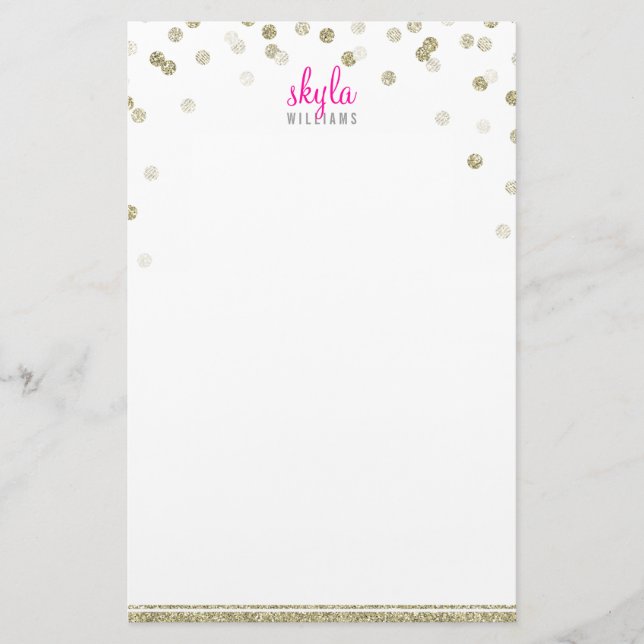 PERSONAL NOTE polka dot confetti old gold glitter Stationery (Front)