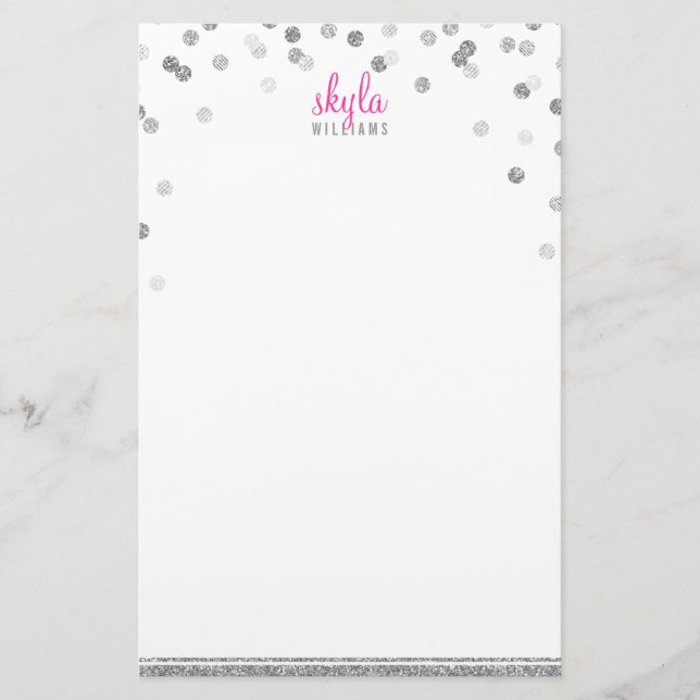 PERSONAL NOTE polka dot confetti silver glitter Stationery (Front)