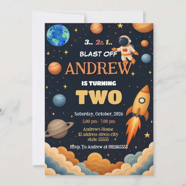 Personal Outer Space Astronaut Rocket Birthday Invitation (Front)