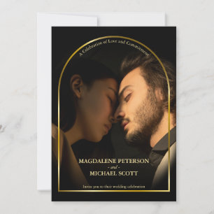 Personal Photo Gold Arch Frame Black Wedding Invitation