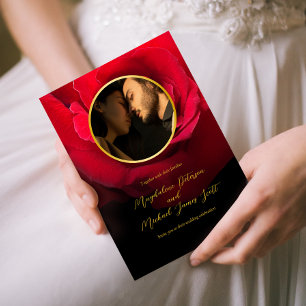 Personal Photo Gold Frame Red Rose Black Wedding Invitation
