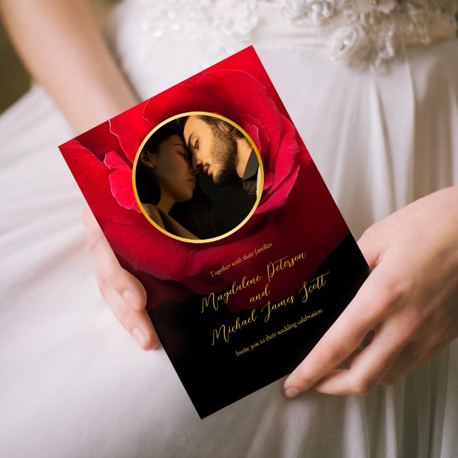 Personal Photo Gold Frame Red Rose | Black Wedding Invitation (Creator Uploaded)