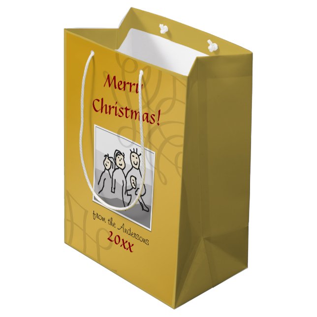 Personal Photo Merry Christmas Golden Greeting Medium Gift Bag (Back Angled)