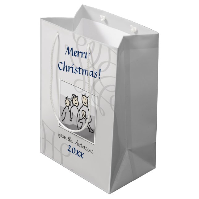 Personal Photo Merry Christmas Greeting Silver Medium Gift Bag (Back Angled)