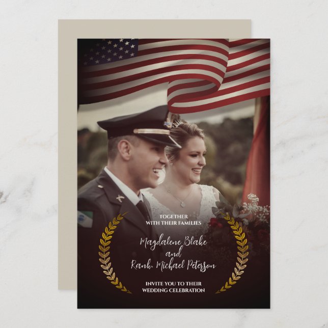 Personal Photo | USA Flag | Laurel Leaves Wedding Invitation (Front/Back)