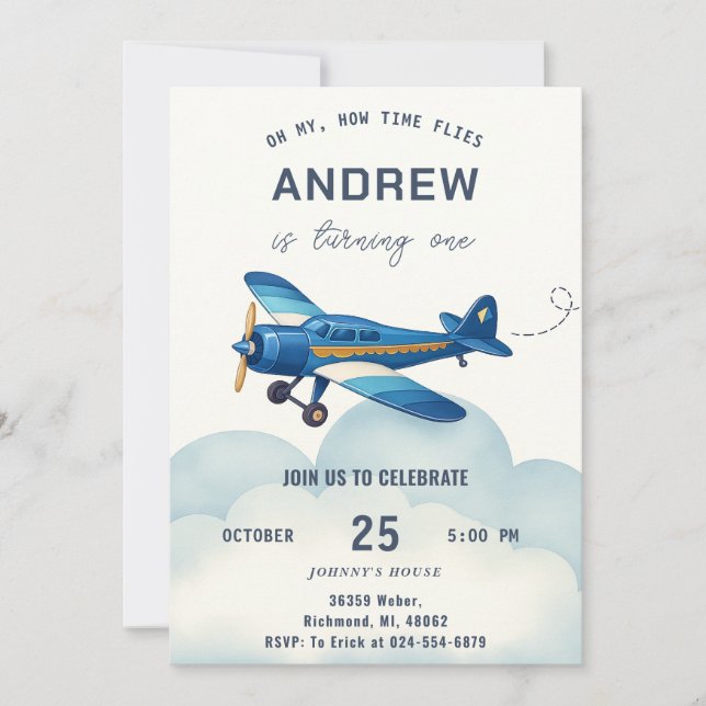 Personal Pilot Boy Time Flies 1st Birthday Invitation (Front)