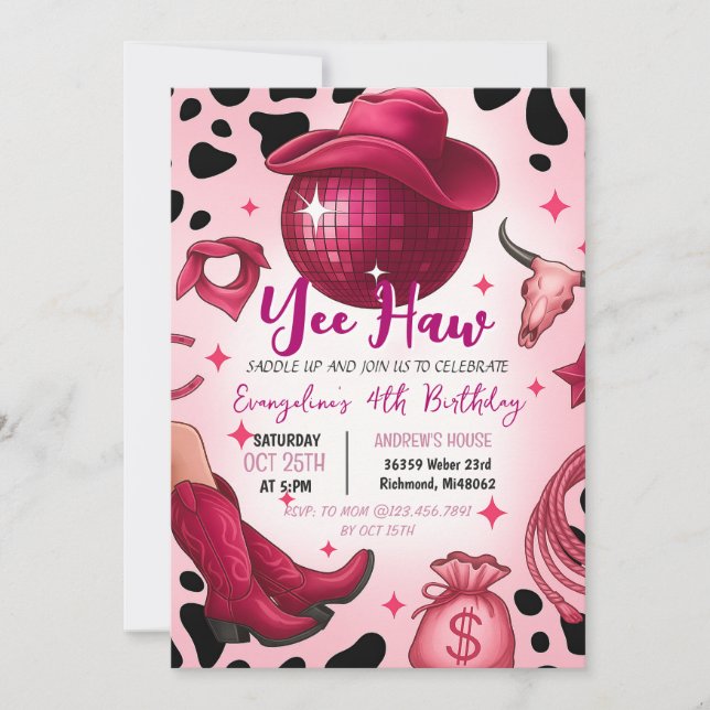 Personal Pink Cowgirl Disco Rodeo Birthday Party Invitation (Front)