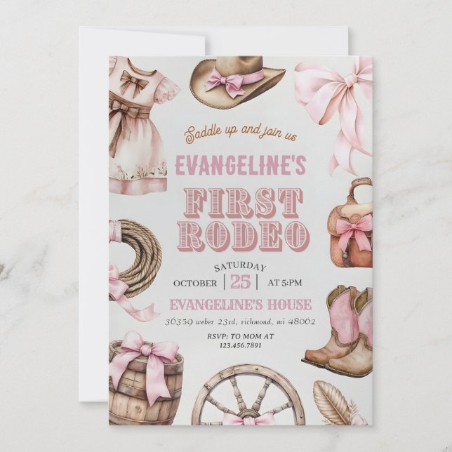 Personal Pink First Rodeo Cowgirl Birthday Invitation (Front)
