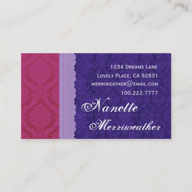 Personal Purple and Blue Damask and Lace V29 Business Card (Front)