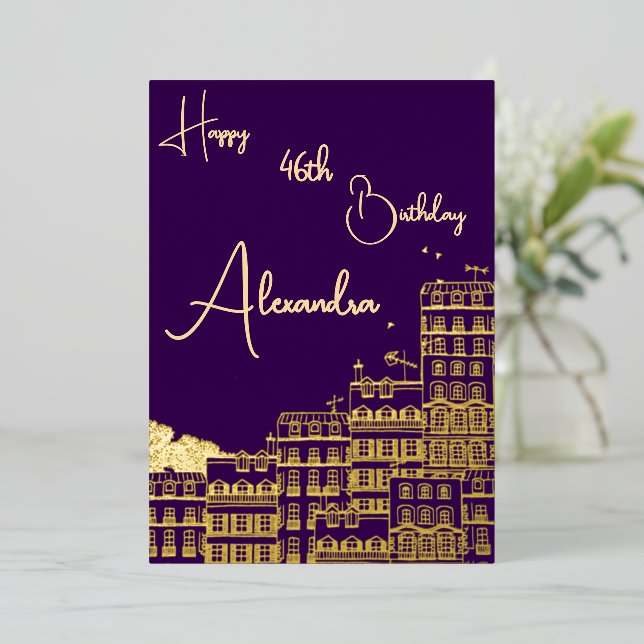 Personal Purple & Gold Named & Aged Birthday Card (Standing Front)