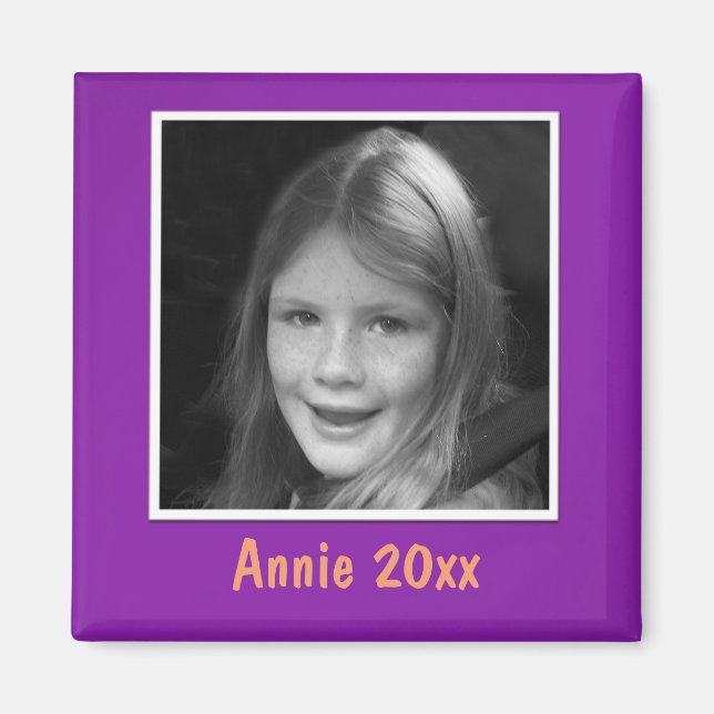 Personal Purple Greeting Custom Photo and Text Magnet (Front)