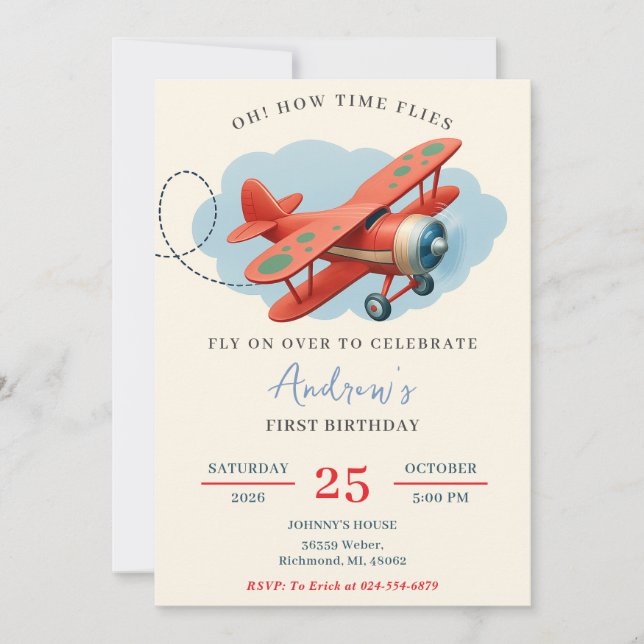 Personal red Aeroplane 1st Birthday party Invitation (Front)