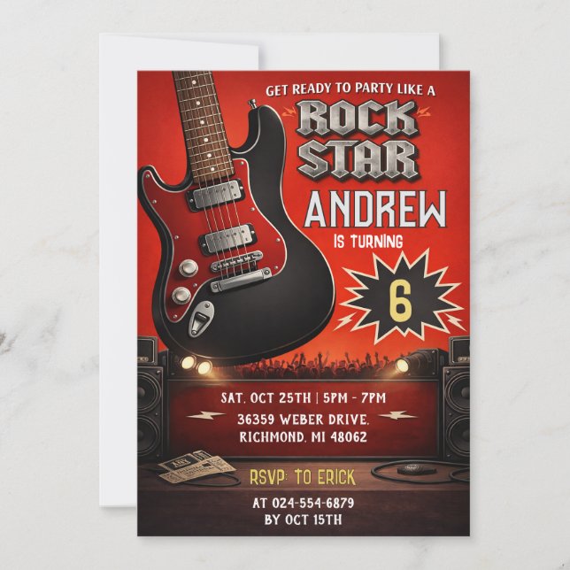 Personal Red Black Rock and Roll Birthday  Invitation (Front)