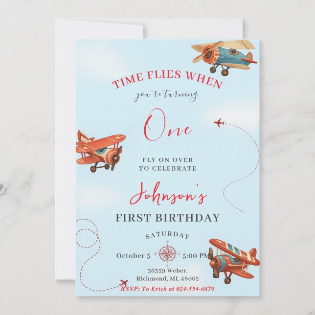 Personal Retro Aeroplane first Birthday party Invitation (Front)