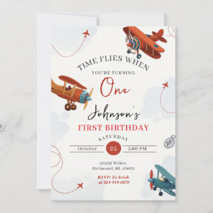 Personal Retro Airplane first Birthday party Invitation