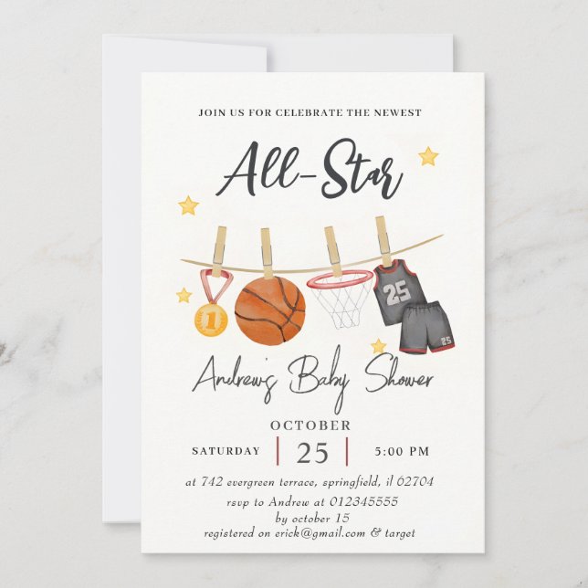 Personal Simple Basketball baby shower watercolor Invitation (Front)