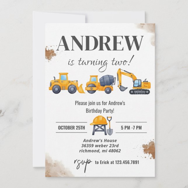 Personal Simple Modern Construction Birthday Invitation (Front)