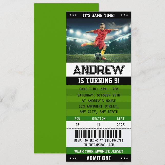 Personal Soccer Ticket Team Club Birthday  Invitation (Front/Back)