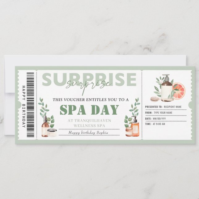 Personal Spa Day Gift Ticket Birthday Voucher Invitation (Front)