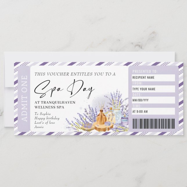 Personal Spa Day Gift Ticket Birthday Voucher Invitation (Front)