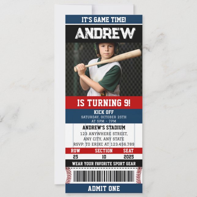 Personal Sport Baseball Ticket Birthday with photo Invitation (Front)