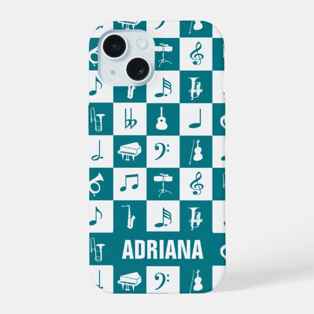 Personal teal and white music notes instruments iPhone 15 case (Back)