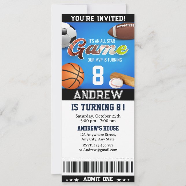 Personal THEME All Star Sports Ticket Birthday Invitation (Front)