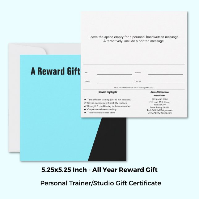 Personal Trainer Athletes Reward Gift Certificate (Square 5.25"x5.25", Personal Trainer Athletes Reward Gift Certificate, Electric-Blue, White, Black)
