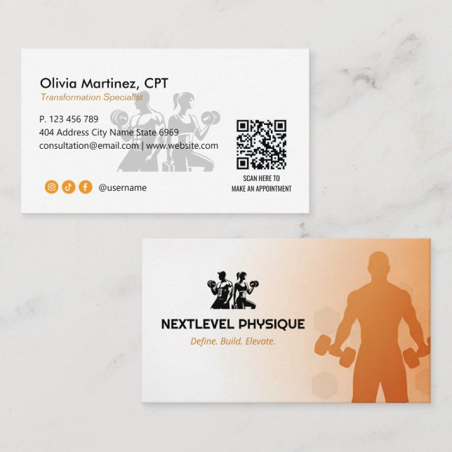 Personal Trainer Business | Orange White Business Card (Front/Back)