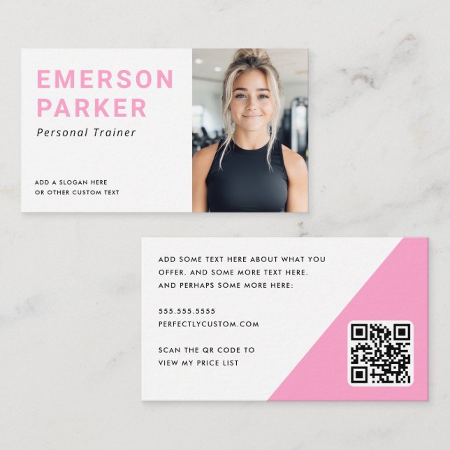 Personal trainer fitness coach photo pink business card (Front/Back)