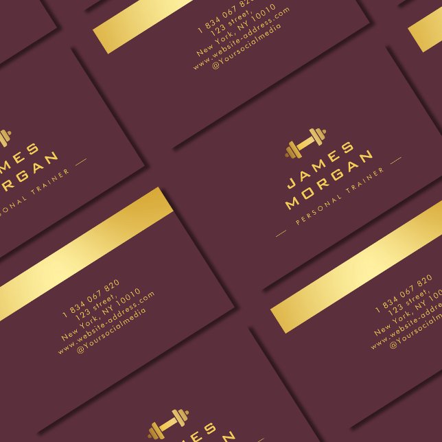 Personal Trainer Gold Dumbbell burgundy  Business Card (Creator Uploaded)