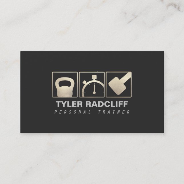 Personal Trainer Kettlebell, Dumbbell, Stopwatch Business Card (Front)