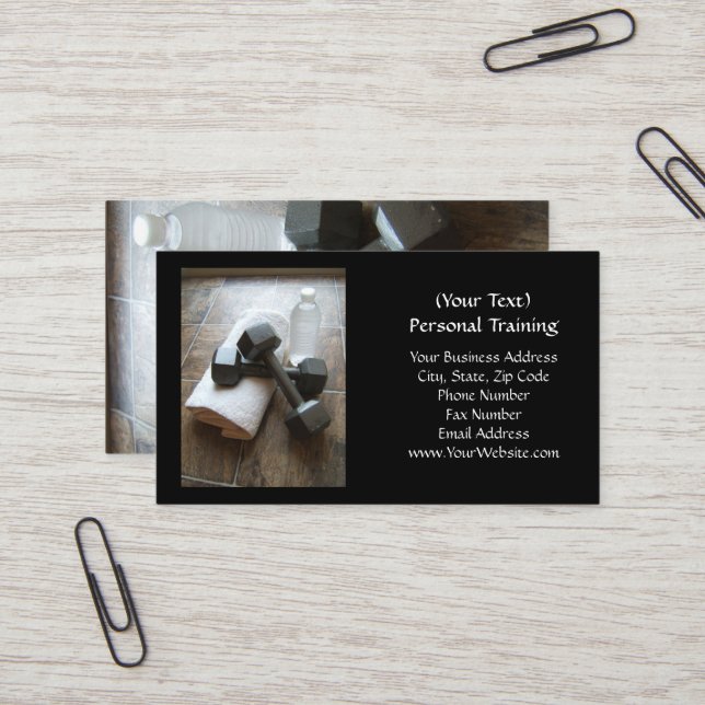 Personal Trainer or Fitness Dumbells Towel & Water Business Card (Front/Back In Situ)