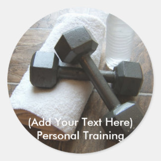Personal Trainer or Fitness Dumbells Towel & Water Classic Round Sticker