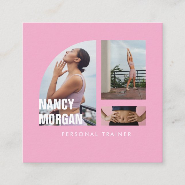 Personal Trainer Photo Collage Pink Square Business Card (Front)