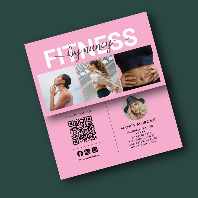 ​Personal Trainer Pink 3 Photo Grid QR Code  Business Card (Creator Uploaded)