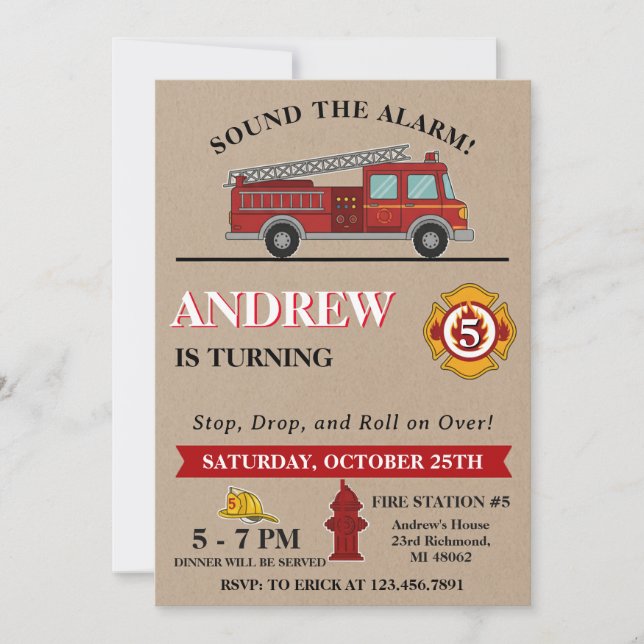 Personal Vintage Boys Firetruck Birthday Party Invitation (Front)