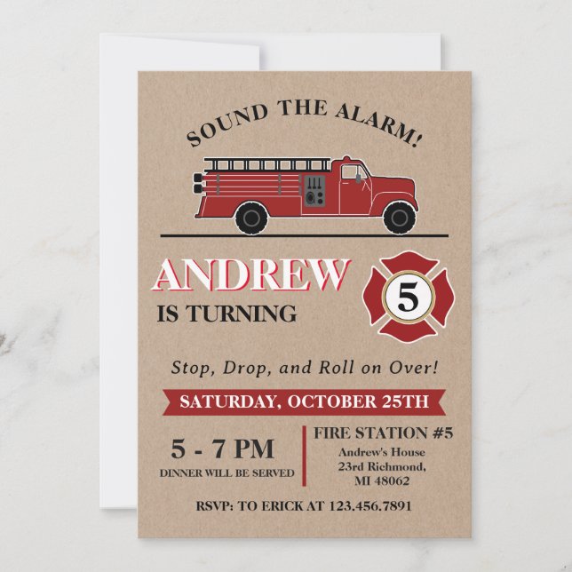 Personal Vintage Boys Firetruck Birthday Party Invitation (Front)