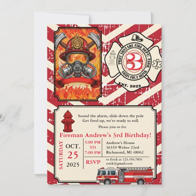 Personal Vintage Fireman Birthday with photo  Invitation (Front)